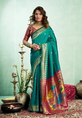 Teal Woven Design Silk Saree Set