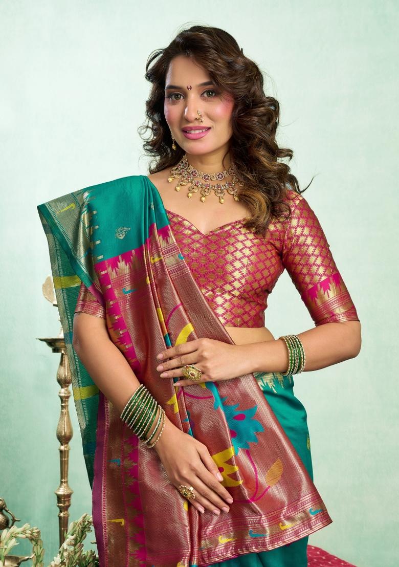 Teal Woven Design Silk Saree Set - Indya