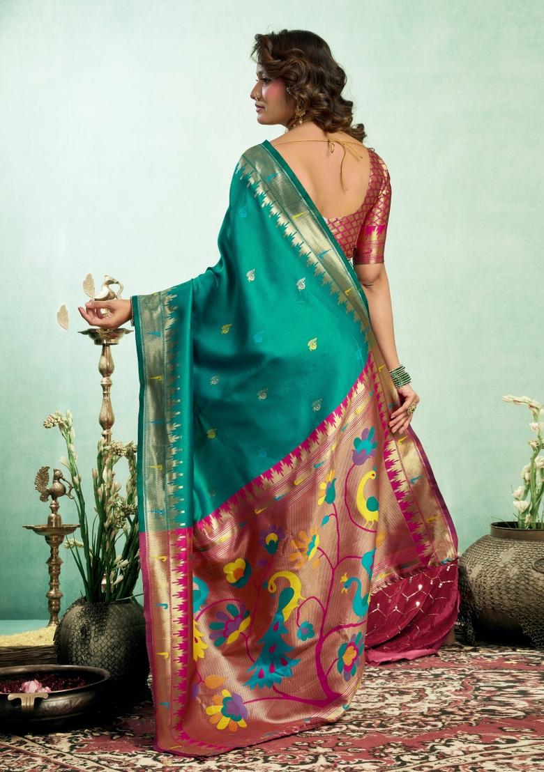 Teal Woven Design Silk Saree Set - Indya