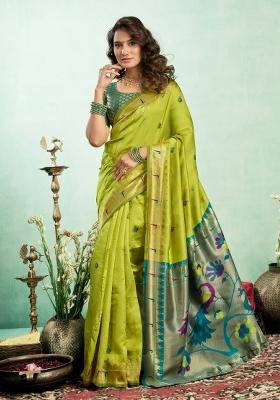 Parrot Green Woven Design Silk Saree Set