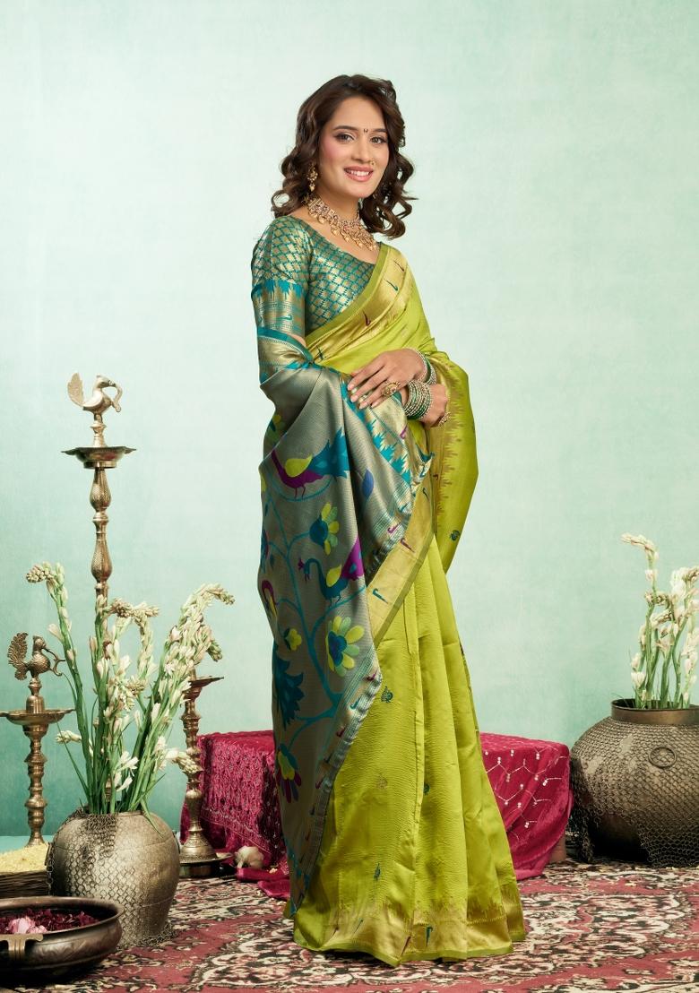 Parrot Green Woven Design Silk Saree Set - Indya