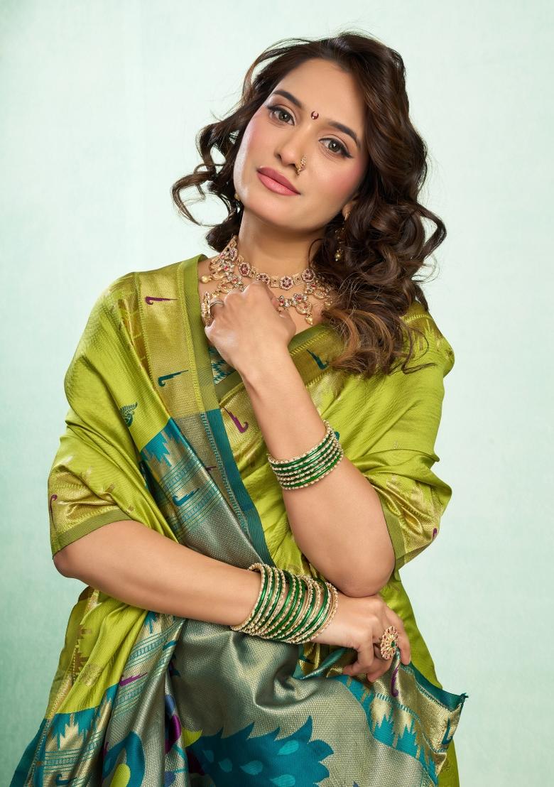 Parrot Green Woven Design Silk Saree Set - Indya