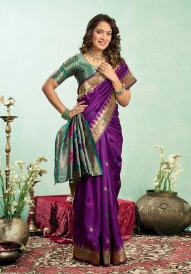 Purple Woven Design Silk Saree Set