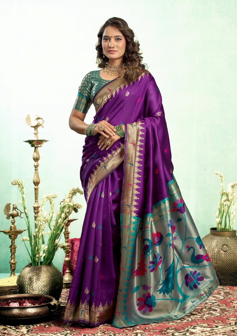 Purple Woven Design Silk Saree Set - Indya
