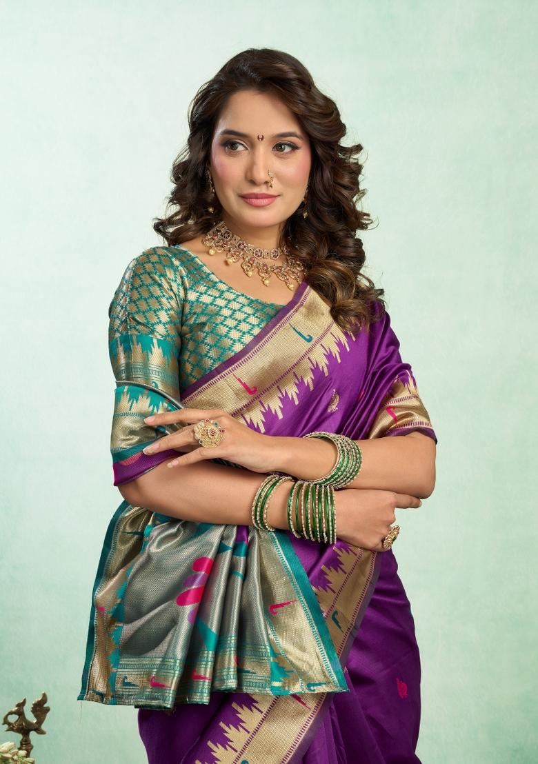 Purple Woven Design Silk Saree Set - Indya