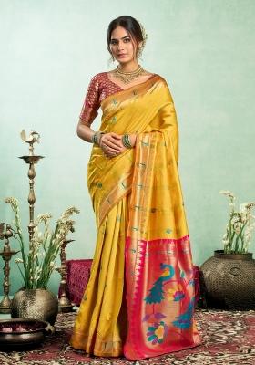 Yellow Woven Design Silk Saree Set