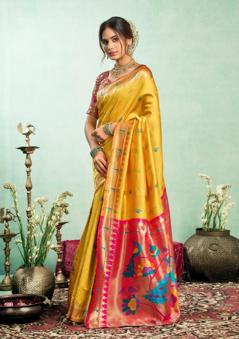 Yellow Woven Design Silk Saree Set - Indya