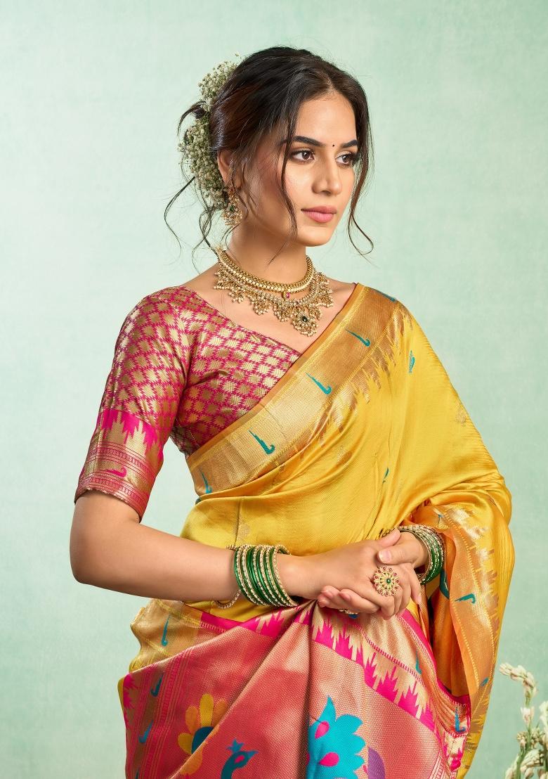Yellow Woven Design Silk Saree Set - Indya