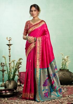 Rani Pink Woven Design Silk Saree Set