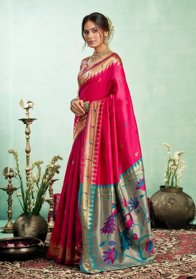 Rani Pink Woven Design Silk Saree Set - Indya