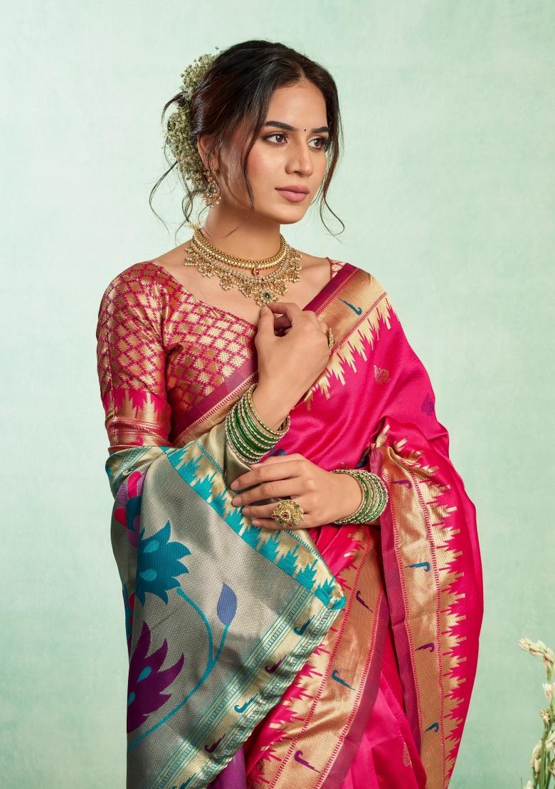 Rani Pink Woven Design Silk Saree Set - Indya