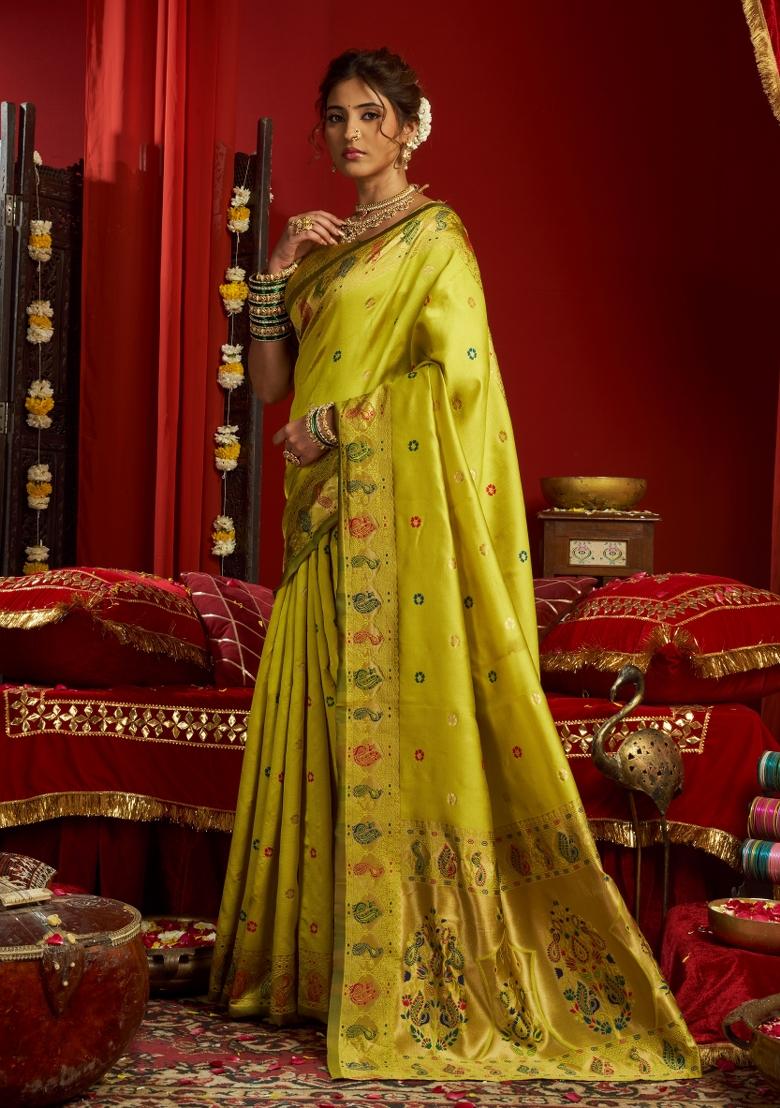 Parrot Green Woven Design Silk Saree Set - Indya