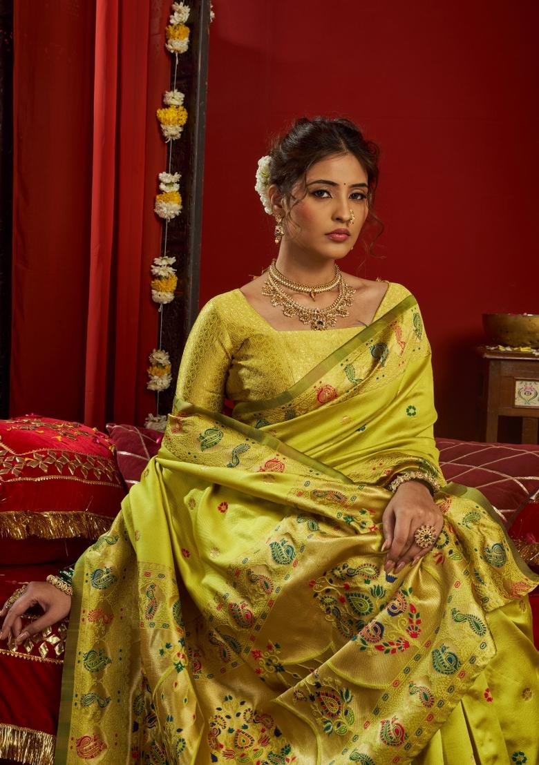Parrot Green Woven Design Silk Saree Set - Indya