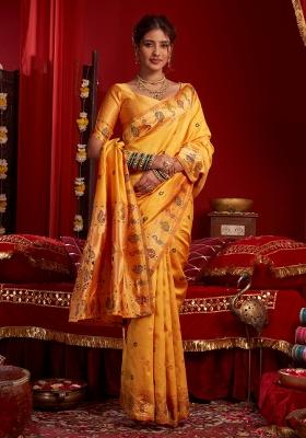 Yellow Woven Design Silk Saree Set