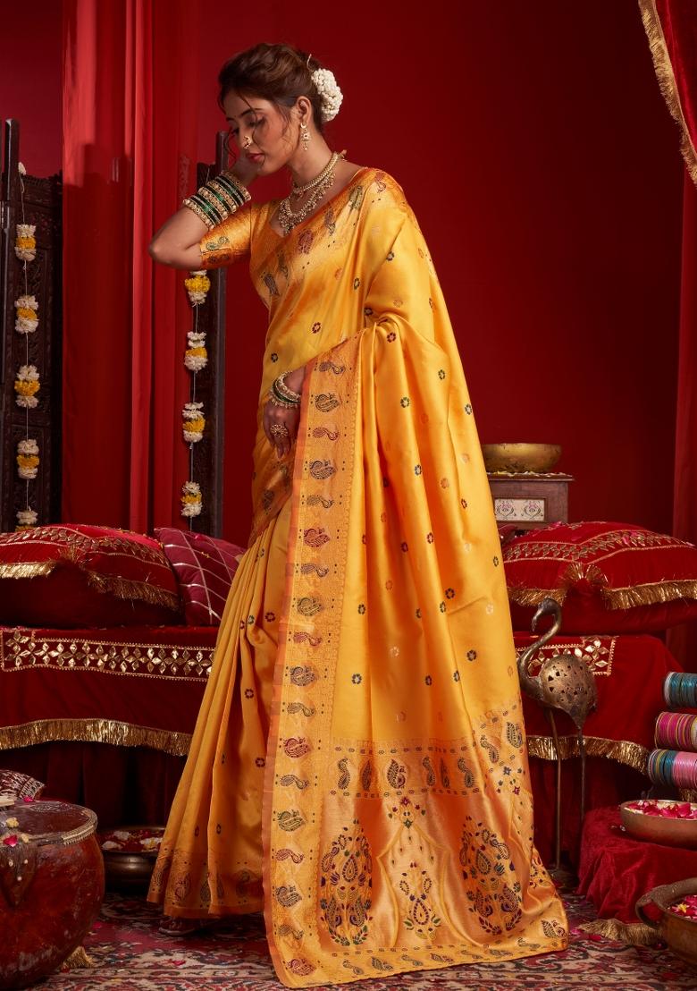Yellow Woven Design Silk Saree Set - Indya