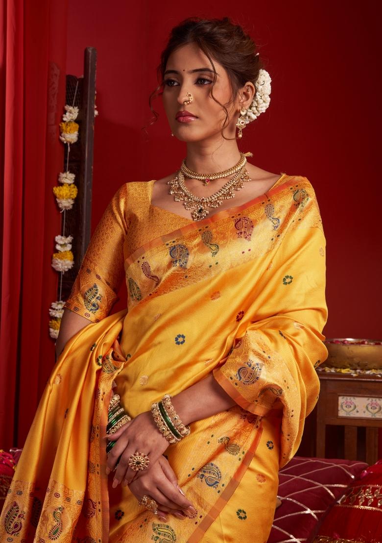 Yellow Woven Design Silk Saree Set - Indya
