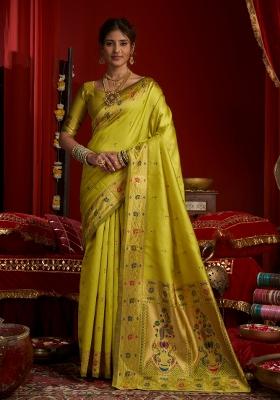 Parrot Green Woven Design Silk Saree Set
