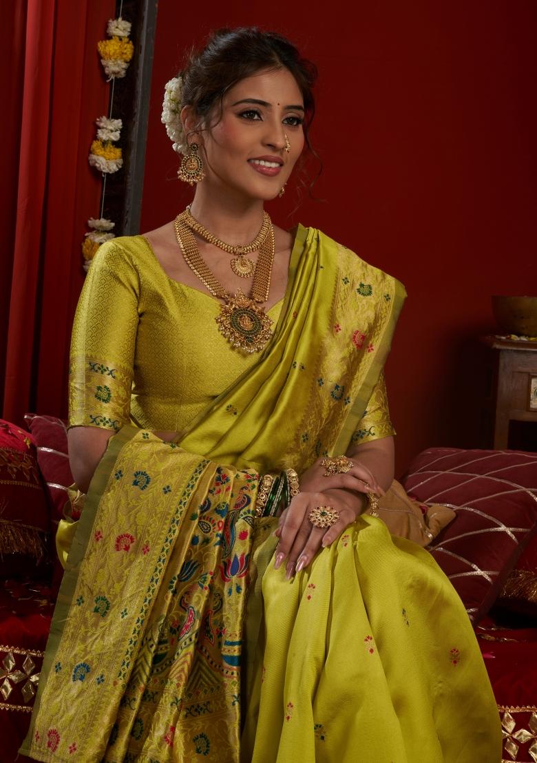 Parrot Green Woven Design Silk Saree Set - Indya