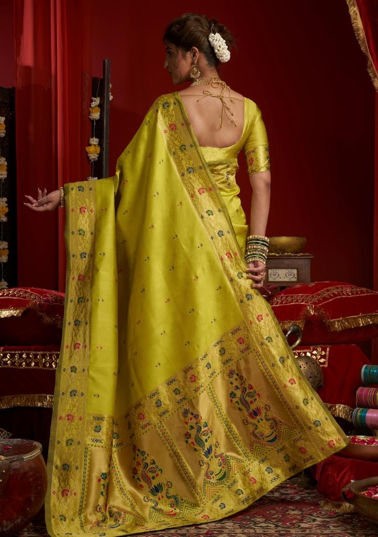 Parrot Green Woven Design Silk Saree Set - Indya