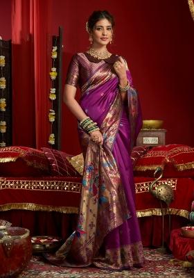 Purple Woven Design Silk Saree Set