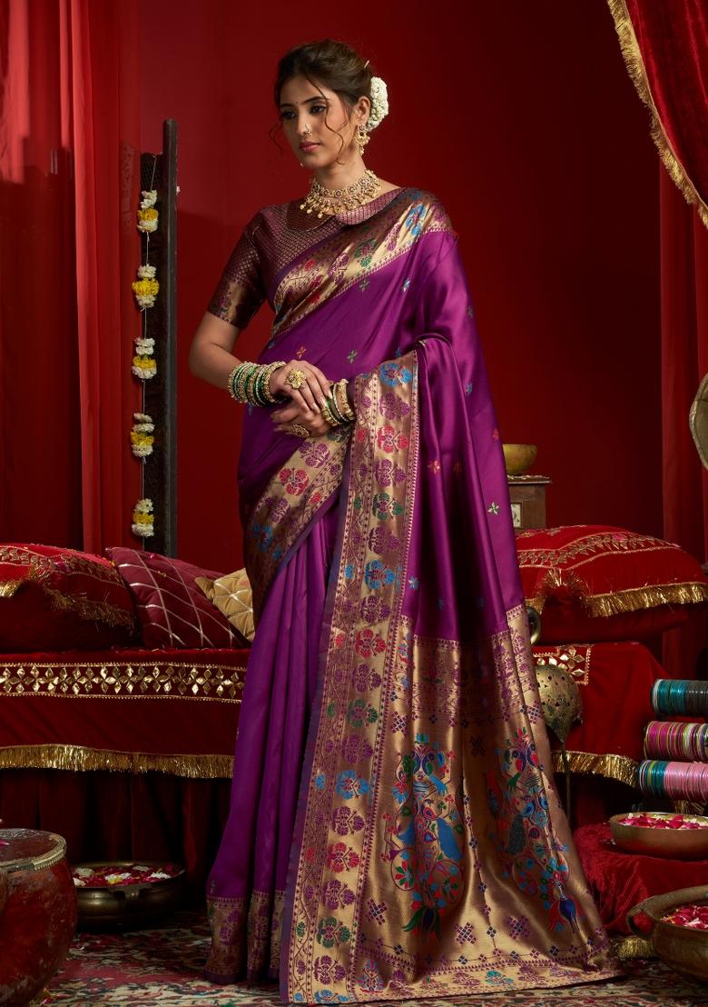 Purple Woven Design Silk Saree Set - Indya