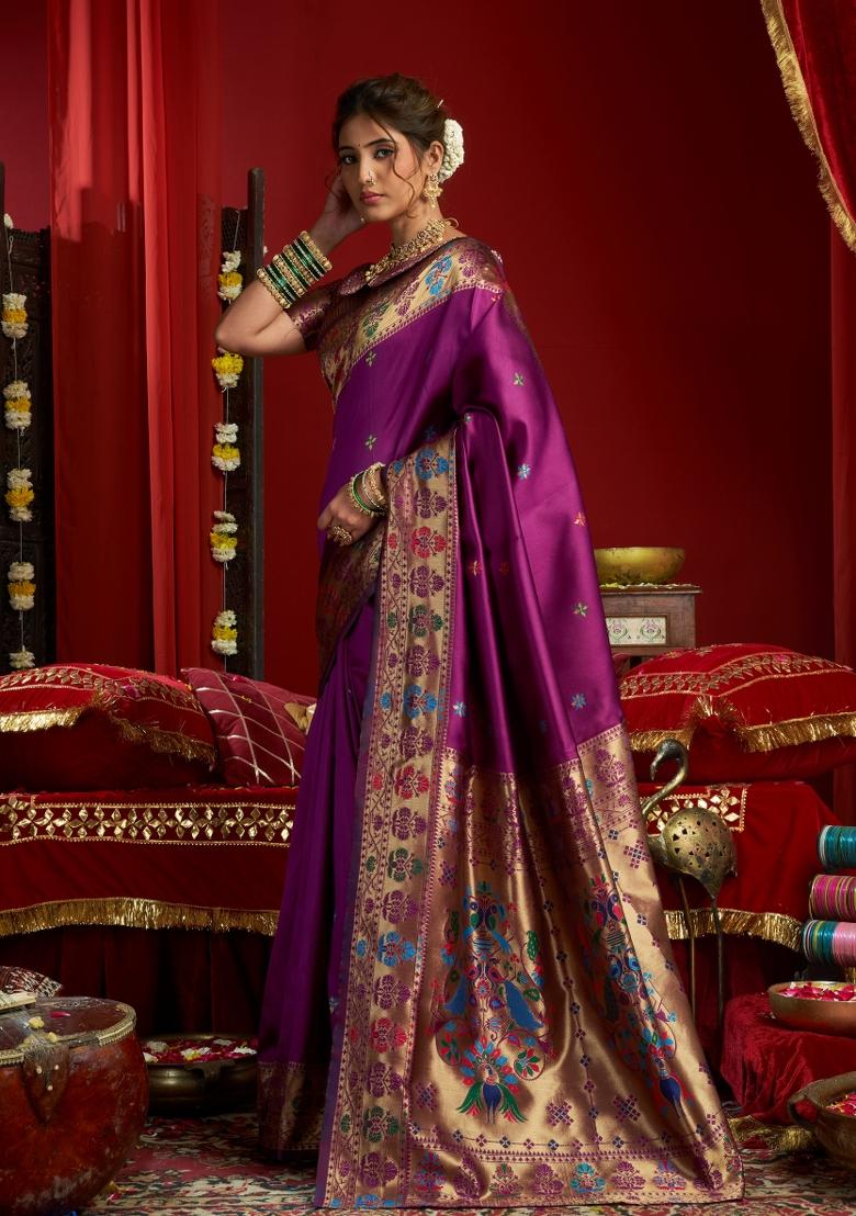 Purple Woven Design Silk Saree Set - Indya