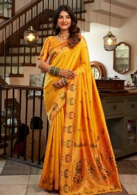 Yellow Woven Design Silk Saree Set
