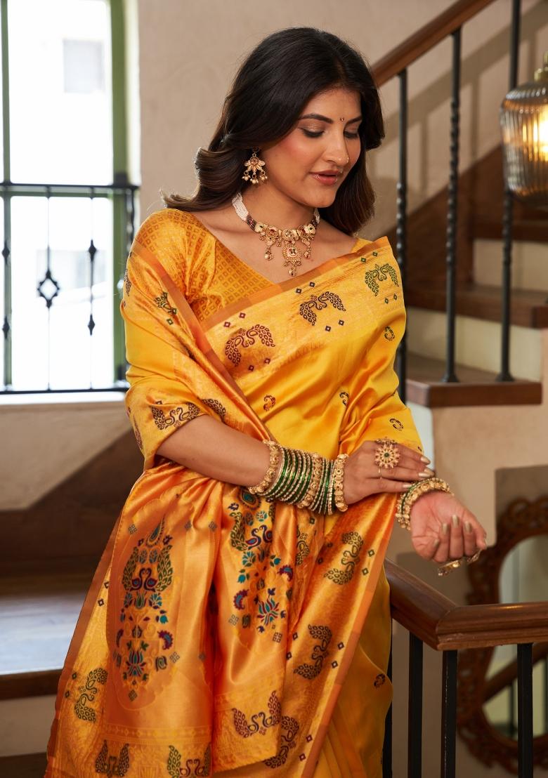 Yellow Woven Design Silk Saree Set - Indya