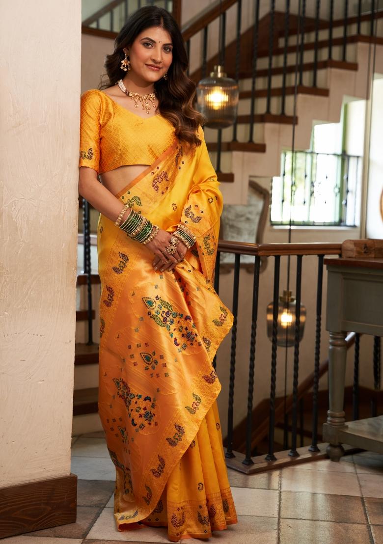 Yellow Woven Design Silk Saree Set - Indya