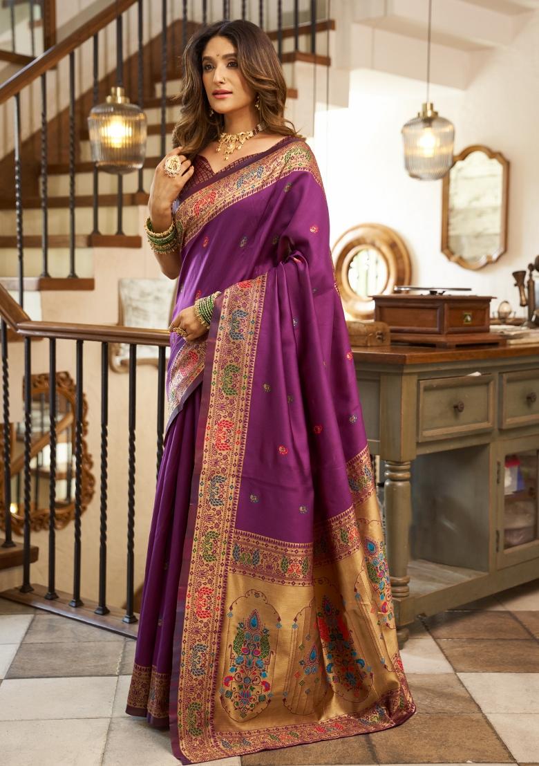 Purple Woven Design Silk Saree Set - Indya