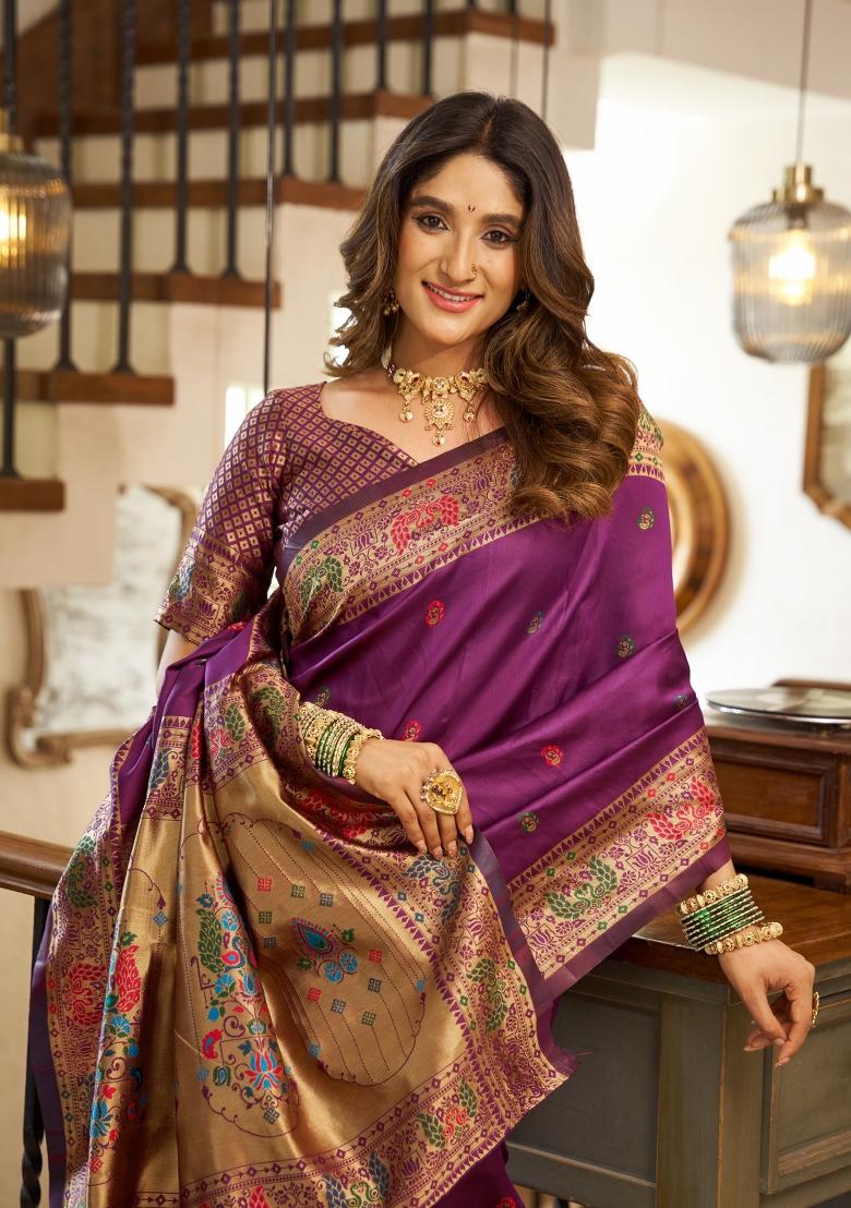 Purple Woven Design Silk Saree Set - Indya