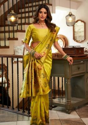 Parrot Green Woven Design Silk Saree Set