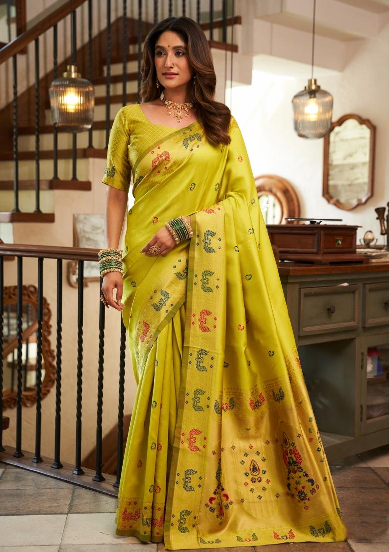 Parrot Green Woven Design Silk Saree Set - Indya