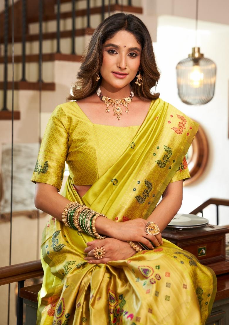Parrot Green Woven Design Silk Saree Set - Indya