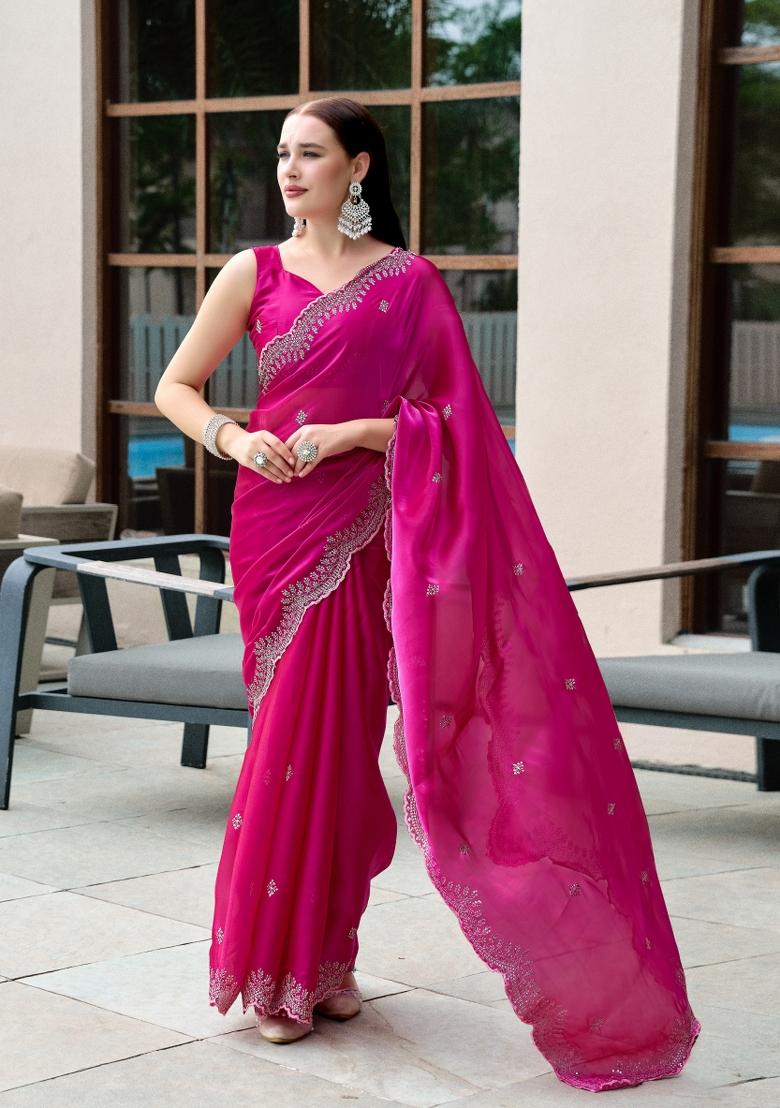 Rani Pink Embroidered Chiffon Saree Set - Indya