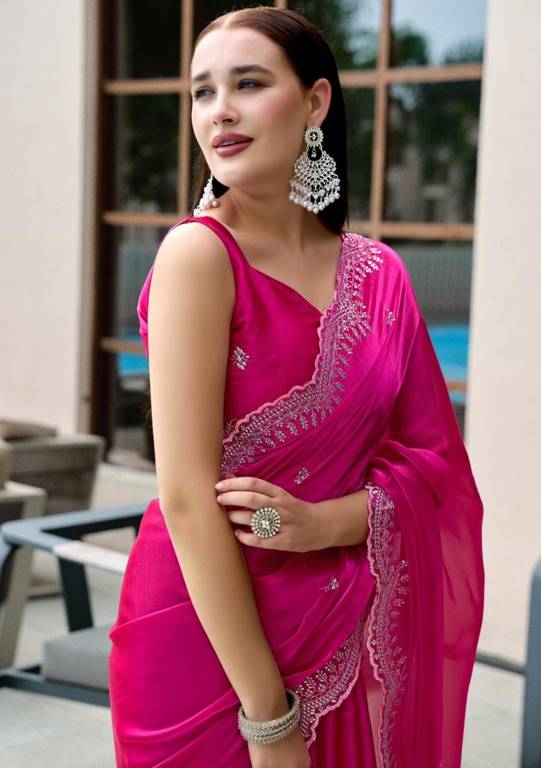 Rani Pink Embroidered Chiffon Saree Set - Indya