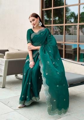 Dark Sea Green Embroidered Chiffon Saree Set