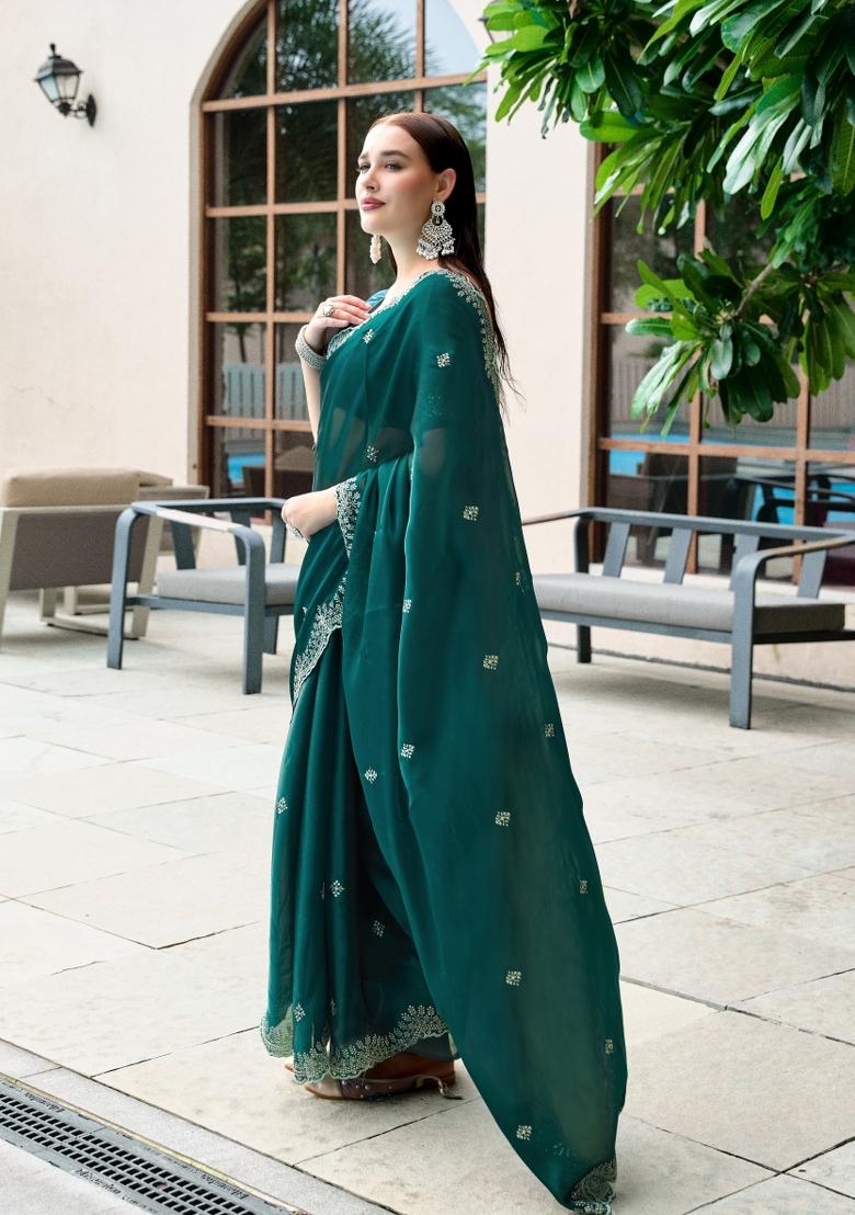 Dark Sea Green Embroidered Chiffon Saree Set - Indya