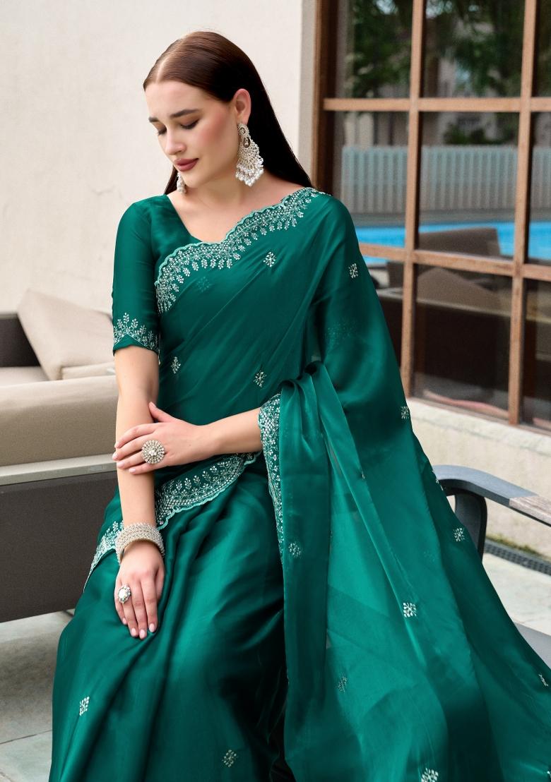 Dark Sea Green Embroidered Chiffon Saree Set - Indya