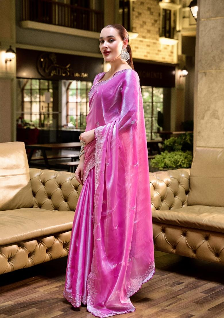 Baby Pink Embroidered Chiffon Saree Set - Indya