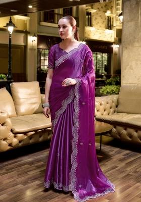 Purple Embroidered Chiffon Saree Set