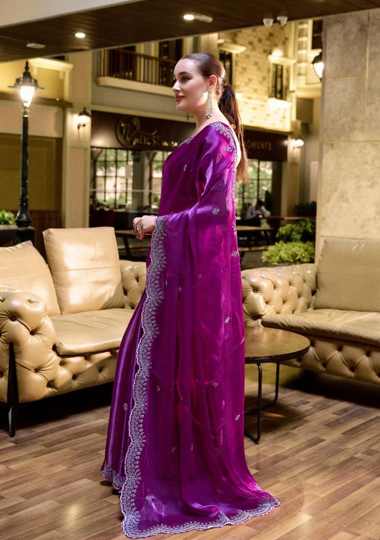 Purple Embroidered Chiffon Saree Set - Indya