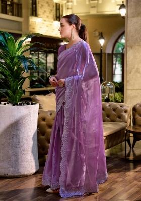 Lavender Embroidered Chiffon Saree Set