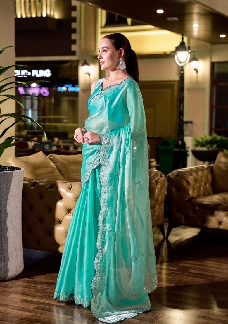 Sky Blue Embroidered Chiffon Saree Set - Indya