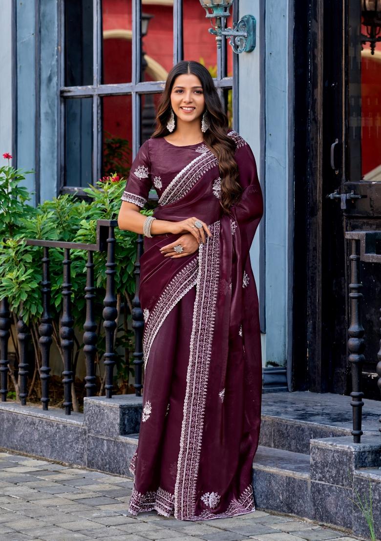 Wine Embroidered Chiffon Saree Set - Indya