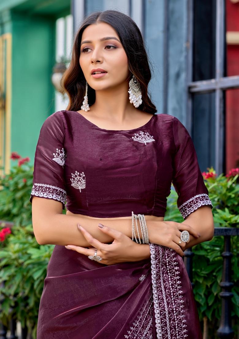 Wine Embroidered Chiffon Saree Set - Indya