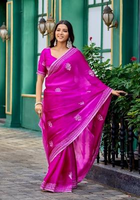Rani Pink Embroidered Chiffon Saree Set