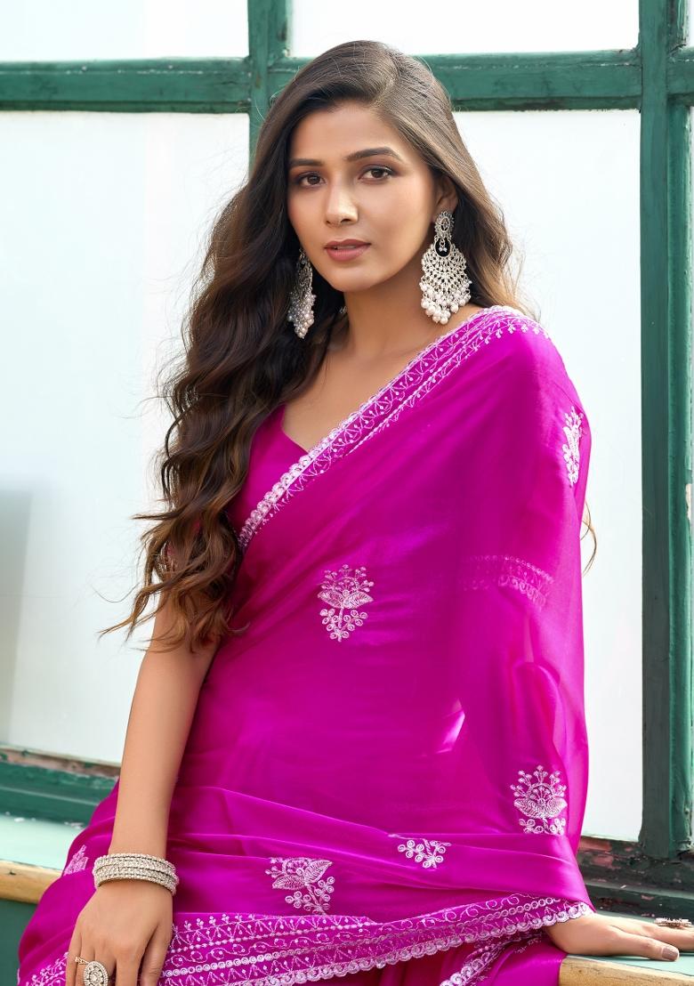 Rani Pink Embroidered Chiffon Saree Set - Indya