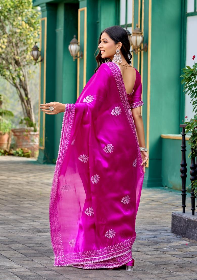 Rani Pink Embroidered Chiffon Saree Set - Indya