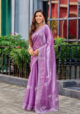 Lavender Embroidered Chiffon Saree Set